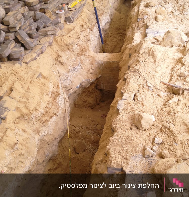 תעלה חפורה עם צינור וכלי עבודה באתר בנייה